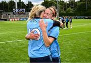 5 July 2025; Dublin players Orlagh Nolan, right, and Nicole Owens after their side's victory in the TG4 All-Ireland Ladies Football Senior Championship quarter-final match between Dublin and Cork at Parnell Park in Dublin. Photo by Seb Daly/Sportsfile