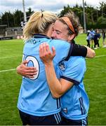 5 July 2025; Dublin players Orlagh Nolan, right, and Nicole Owens after their side's victory in the TG4 All-Ireland Ladies Football Senior Championship quarter-final match between Dublin and Cork at Parnell Park in Dublin. Photo by Seb Daly/Sportsfile