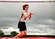 5 July 2025; Conor Penney of Craughwell AC, Galway, celebrates a clearance on his way to winning the U20 men High Jump during the 123.ie National U20 & U23 Championships at Tullamore Harriers Athletics Club in Tullamore, Offaly. Photo by Sam Barnes/Sportsfile