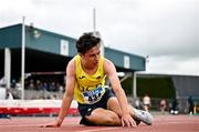 5 July 2025; Jonas Stafford of UCD AC, Dublin, after winning the U23 men 3000m steeplechase during the 123.ie National U20 & U23 Championships at Tullamore Harriers Athletics Club in Tullamore, Offaly. Photo by Sam Barnes/Sportsfile