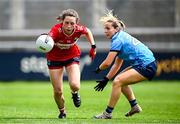 5 July 2025; Abbie O'Mahony of Cork in action against Rebecca McDonnell of Dublin during the TG4 All-Ireland Ladies Football Senior Championship quarter-final match between Dublin and Cork at Parnell Park in Dublin. Photo by Seb Daly/Sportsfile