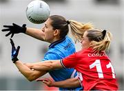 5 July 2025; Rebecca McDonnell of Dublin in action against Laura O'Mahony of Cork during the TG4 All-Ireland Ladies Football Senior Championship quarter-final match between Dublin and Cork at Parnell Park in Dublin. Photo by Seb Daly/Sportsfile