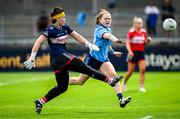 5 July 2025; Cork goalkeeper Sarah Murphy in action against Laura Grendon of Dublin during the TG4 All-Ireland Ladies Football Senior Championship quarter-final match between Dublin and Cork at Parnell Park in Dublin. Photo by Seb Daly/Sportsfile