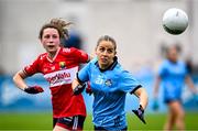 5 July 2025; Rebecca McDonnell of Dublin in action against Abbie O'Mahony of Cork during the TG4 All-Ireland Ladies Football Senior Championship quarter-final match between Dublin and Cork at Parnell Park in Dublin. Photo by Seb Daly/Sportsfile