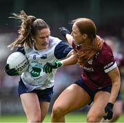 5 July 2025; Emma Murray of Waterford in action against Siobhán Divilly of Galway during the TG4 All-Ireland Ladies Football Senior Championship quarter-final match between Galway and Waterford at Tuam Stadium in Galway. Photo by Piaras Ó Mídheach/Sportsfile