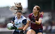 5 July 2025; Emma Murray of Waterford in action against Siobhán Divilly of Galway during the TG4 All-Ireland Ladies Football Senior Championship quarter-final match between Galway and Waterford at Tuam Stadium in Galway. Photo by Piaras Ó Mídheach/Sportsfile