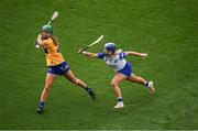 5 July 2025; Susan Daly of Clare in action against Annie Fitzgerald of Waterford during the Glen Dimplex Senior All-Ireland Camogie Championship quarter-final match between Clare and Waterford at Croke Park in Dublin. Photo by Stephen McCarthy/Sportsfile