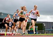 5 July 2025; Caoimhe Flannery of Skibbereen AC, Cork, right, and Eimear Cooney of Ace Athletics Club, compete in the U20 womens 1500m during the 123.ie National U20 & U23 Championships at Tullamore Harriers Athletics Club in Tullamore, Offaly. Photo by Sam Barnes/Sportsfile