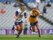 5 July 2025; Alannah McNulty of Waterford in action against Róisín Begley of Clare during the Glen Dimplex Senior All-Ireland Camogie Championship quarter-final match between Clare and Waterford at Croke Park in Dublin. Photo by John Sheridan/Sportsfile