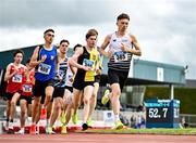 5 July 2025; Callum Morgan of CNDR Track AC, right, leads the field in the U23 men 1500m during the 123.ie National U20 & U23 Championships at Tullamore Harriers Athletics Club in Tullamore, Offaly. Photo by Sam Barnes/Sportsfile