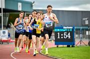 5 July 2025; Callum Morgan of CNDR Track AC, right, leads the field in the U23 men 1500m during the 123.ie National U20 & U23 Championships at Tullamore Harriers Athletics Club in Tullamore, Offaly. Photo by Sam Barnes/Sportsfile