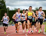 5 July 2025; Matthew Fitzpatrick of Dunleer AC, Louth, centre, leada the field in the U20 men 1500m during the 123.ie National U20 & U23 Championships at Tullamore Harriers Athletics Club in Tullamore, Offaly. Photo by Sam Barnes/Sportsfile