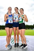 5 July 2025; U23 1500m medallists, Eimear Maher of Dundrum South Dublin AC, gold, centre, Cara Laverty of Finn Valley AC, Donegal, silver, left, and Holly Carroll of Blarney/Inniscara AC, Cork, right, bronze, during the 123.ie National U20 & U23 Championships at Tullamore Harriers Athletics Club in Tullamore, Offaly. Photo by Sam Barnes/Sportsfile
