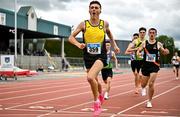 5 July 2025; Matthew Fitzpatrick of Dunleer AC, Louth, celebrates finishing second in the U20 men 1500m during the 123.ie National U20 & U23 Championships at Tullamore Harriers Athletics Club in Tullamore, Offaly. Photo by Sam Barnes/Sportsfile