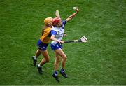 5 July 2025; Lorraine Bray of Waterford in action against Lynda Daly of Clare during the Glen Dimplex Senior All-Ireland Camogie Championship quarter-final match between Clare and Waterford at Croke Park in Dublin. Photo by Stephen McCarthy/Sportsfile