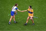 5 July 2025; Róisin Begley of Clare and Rachael Walsh of Waterford after the Glen Dimplex Senior All-Ireland Camogie Championship quarter-final match between Clare and Waterford at Croke Park in Dublin. Photo by Stephen McCarthy/Sportsfile