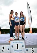5 July 2025; U20 Women's long jump medallists, Riona Doherty of Finn Valley AC, Donegal, gold, centre,  Aine Frawley of St Marys AC, Limerick, silver, left, and Katie Deverell of Tullamore Harriers AC, Offaly, bronze, right,  during the 123.ie National U20 & U23 Championships at Tullamore Harriers Athletics Club in Tullamore, Offaly. Photo by Sam Barnes/Sportsfile