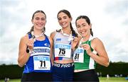 5 July 2025; U23 1500m medallists, Eimear Maher of Dundrum South Dublin AC, gold, centre, Cara Laverty of Finn Valley AC, Donegal, silver, left, and Holly Carroll of Blarney/Inniscara AC, Cork, right, bronze, during the 123.ie National U20 & U23 Championships at Tullamore Harriers Athletics Club in Tullamore, Offaly. Photo by Sam Barnes/Sportsfile