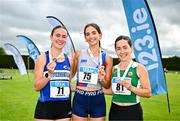 5 July 2025; U23 1500m medallists, Eimear Maher of Dundrum South Dublin AC, gold, centre, Cara Laverty of Finn Valley AC, Donegal, silver, left, and Holly Carroll of Blarney/Inniscara AC, Cork, right, bronze, during the 123.ie National U20 & U23 Championships at Tullamore Harriers Athletics Club in Tullamore, Offaly. Photo by Sam Barnes/Sportsfile