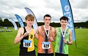 5 July 2025; Men's U20 3000m steeplechase medallists, Diarmuid Moloney of Nenagh Olympic AC, Tipperary, gold, centre, Tom Murphy of Kilkenny City Harriers AC, silver, left, and Felice Covillon of Killarney Valley AC, Kerry, bronze, right, during the 123.ie National U20 & U23 Championships at Tullamore Harriers Athletics Club in Tullamore, Offaly. Photo by Sam Barnes/Sportsfile