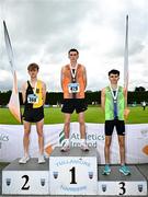 5 July 2025; Men's U20 3000m steeplechase medallists, Diarmuid Moloney of Nenagh Olympic AC, Tipperary, gold, centre, Tom Murphy of Kilkenny City Harriers AC, silver, left, and Felice Covillon of Killarney Valley AC, Kerry, bronze, right, during the 123.ie National U20 & U23 Championships at Tullamore Harriers Athletics Club in Tullamore, Offaly. Photo by Sam Barnes/Sportsfile