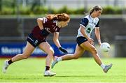 5 July 2025; Lauren McGregor of Waterford in action against Kate Slevin of Galway during the TG4 All-Ireland Ladies Football Senior Championship quarter-final match between Galway and Waterford at Tuam Stadium in Galway. Photo by Piaras Ó Mídheach/Sportsfile