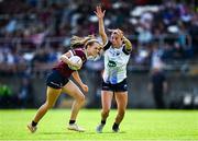 5 July 2025; Olivia Divilly of Galway in action against Hannah Power of Waterford during the TG4 All-Ireland Ladies Football Senior Championship quarter-final match between Galway and Waterford at Tuam Stadium in Galway. Photo by Piaras Ó Mídheach/Sportsfile