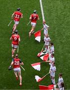 5 July 2025; Cork players run out for the GAA Hurling All-Ireland Senior Championship semi-final match between Cork and Dublin at Croke Park in Dublin. Photo by Stephen McCarthy/Sportsfile