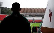 5 July 2025; Sam Prendergast of Ireland looks on as heavy rain falls during a thunderstorm before the International Rugby Test match between Georgia and Ireland at at Mikheil Meskhi Stadium in Tbilisi, Georgia. Photo by Brendan Moran/Sportsfile