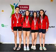 5 July 2025; Members of thr Cork under-16 relay team that won gold from left Anna Murray, Claire Bradley, Cara Buckley and Doirenn Kerr all from Douglas during day one of the Cairn Community Games National Swimming, Quiz, Chess, Draughts and Gymnastics Finals 2025 at The Watershed in Kilkenny. Photo by Matt Browne/Sportsfile