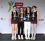 5 July 2025; Members of the Laois under-16 relay team, from Portarlington, who won bronze, from left, Caoimhe Brady, Zuvanna Ziemlewicz, Lena Zieman and Amy Donagher during day one of the Cairn Community Games National Swimming, Quiz, Chess, Draughts and Gymnastics Finals 2025 at The Watershed in Kilkenny. Photo by Matt Browne/Sportsfile