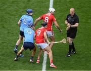 5 July 2025; Referee Johnny Murphy prepares to throw in the sliothar for the GAA Hurling All-Ireland Senior Championship semi-final match between Cork and Dublin at Croke Park in Dublin. Photo by Stephen McCarthy/Sportsfile