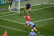 5 July 2025; Brian Hayes of Cork shoots to score his side's first goal past Dublin goalkeeper Sean Brennan during the GAA Hurling All-Ireland Senior Championship semi-final match between Cork and Dublin at Croke Park in Dublin. Photo by Stephen McCarthy/Sportsfile