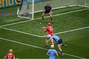 5 July 2025; Brian Hayes of Cork shoots to score his side's first goal past Dublin goalkeeper Sean Brennan during the GAA Hurling All-Ireland Senior Championship semi-final match between Cork and Dublin at Croke Park in Dublin. Photo by Stephen McCarthy/Sportsfile