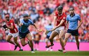 5 July 2025; Robert Downey of Cork in action against Riain McBride of Dublin during the GAA Hurling All-Ireland Senior Championship semi-final match between Cork and Dublin at Croke Park in Dublin. Photo by Ramsey Cardy/Sportsfile