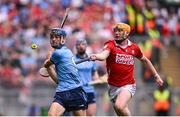 5 July 2025; Brian Hayes of Dublin in action against Shane Barrett of Cork during the GAA Hurling All-Ireland Senior Championship semi-final match between Cork and Dublin at Croke Park in Dublin. Photo by Ramsey Cardy/Sportsfile
