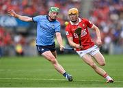 5 July 2025; Shane Barrett of Cork in action against Conor McHugh of Dublin during the GAA Hurling All-Ireland Senior Championship semi-final match between Cork and Dublin at Croke Park in Dublin. Photo by David Fitzgerald/Sportsfile