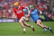 5 July 2025; Shane Barrett of Cork in action against Conor McHugh of Dublin during the GAA Hurling All-Ireland Senior Championship semi-final match between Cork and Dublin at Croke Park in Dublin. Photo by David Fitzgerald/Sportsfile