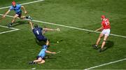 5 July 2025; Brian Hayes of Cork shoots to score his side's fourth goal past Dublin goalkeeper Sean Brennan during the GAA Hurling All-Ireland Senior Championship semi-final match between Cork and Dublin at Croke Park in Dublin. Photo by Stephen McCarthy/Sportsfile
