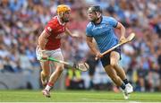 5 July 2025; Sean Currie of Dublin in action against Niall O'Leary of Cork during the GAA Hurling All-Ireland Senior Championship semi-final match between Cork and Dublin at Croke Park in Dublin. Photo by John Sheridan/Sportsfile