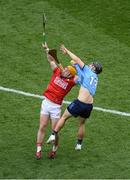 5 July 2025; Niall O'Leary of Cork in action against Sean Currie of Dublin during the GAA Hurling All-Ireland Senior Championship semi-final match between Cork and Dublin at Croke Park in Dublin. Photo by Stephen McCarthy/Sportsfile
