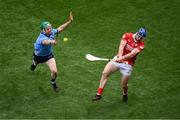 5 July 2025; Seán O'Donoghue of Cork in action against Fergal Whitely of Dublin during the GAA Hurling All-Ireland Senior Championship semi-final match between Cork and Dublin at Croke Park in Dublin. Photo by Stephen McCarthy/Sportsfile