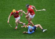 5 July 2025; Riain McBride of Dublin in action against Shane Barrett, left, and Darragh Fitzgibbon of Cork during the GAA Hurling All-Ireland Senior Championship semi-final match between Cork and Dublin at Croke Park in Dublin. Photo by Stephen McCarthy/Sportsfile