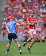 5 July 2025; Brian Hayes of Cork in action against Paddy Smyth of Dublin during the GAA Hurling All-Ireland Senior Championship semi-final match between Cork and Dublin at Croke Park in Dublin. Photo by David Fitzgerald/Sportsfile