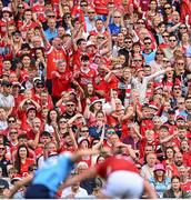 5 July 2025; Supporters react during the GAA Hurling All-Ireland Senior Championship semi-final match between Cork and Dublin at Croke Park in Dublin. Photo by David Fitzgerald/Sportsfile