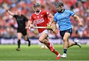 5 July 2025; Sean Currie of Dublin in action against Darragh Fitzgibbon of Cork during the GAA Hurling All-Ireland Senior Championship semi-final match between Cork and Dublin at Croke Park in Dublin. Photo by David Fitzgerald/Sportsfile