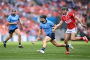 5 July 2025; Sean Currie of Dublin in action against Darragh Fitzgibbon of Cork during the GAA Hurling All-Ireland Senior Championship semi-final match between Cork and Dublin at Croke Park in Dublin. Photo by David Fitzgerald/Sportsfile