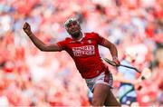 5 July 2025; Tim O'Mahony of Cork celebrates after scoring his side's fifth goal during the GAA Hurling All-Ireland Senior Championship semi-final match between Cork and Dublin at Croke Park in Dublin. Photo by Ramsey Cardy/Sportsfile