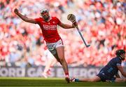 5 July 2025; Tim O'Mahony of Cork celebrates after scoring his side's fifth goal during the GAA Hurling All-Ireland Senior Championship semi-final match between Cork and Dublin at Croke Park in Dublin. Photo by Ramsey Cardy/Sportsfile