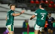 5 July 2025; Tommy O'Brien of Ireland, left, celebrates with teammate Gus McCarthy after scoring their side's first try during the International Rugby Test match between Georgia and Ireland at at Mikheil Meskhi Stadium in Tbilisi, Georgia. Photo by Brendan Moran/Sportsfile